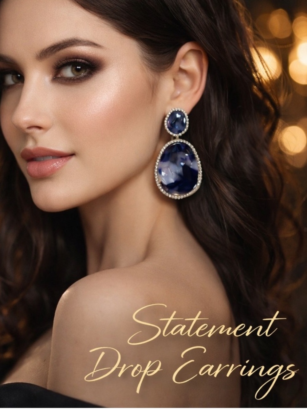 Blue Marble Teardrop Statement Earrings | Rhinestone Drop